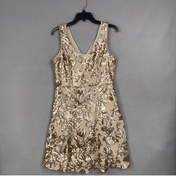 MARINA Dresses & Skirts - Marina Dress Women 12 Gold Sequin Floral Sleeveless V-Neck Cocktail Party Glam